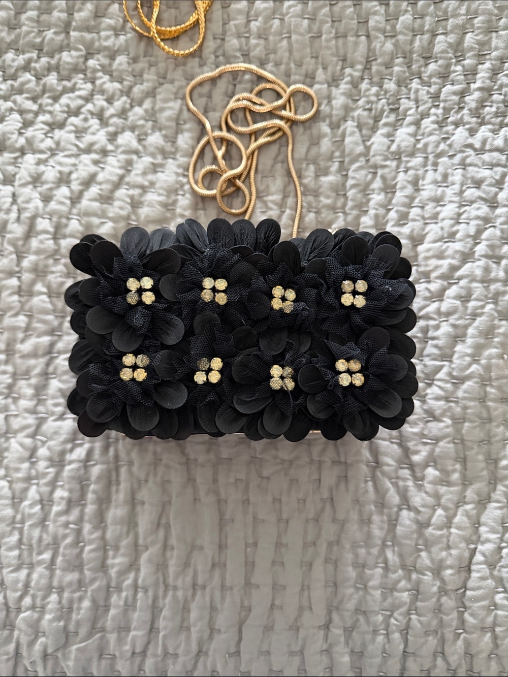 Anne Fontaine Black Floral Appliqué Clutch with Gold Chain